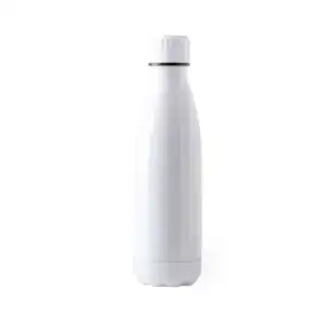 Plantilla de catálogo sobre fondo blanco de una botella térmica de acero inoxidable en color blanco mate. Imagen de la base lisa y vacía preparada para personalizar.