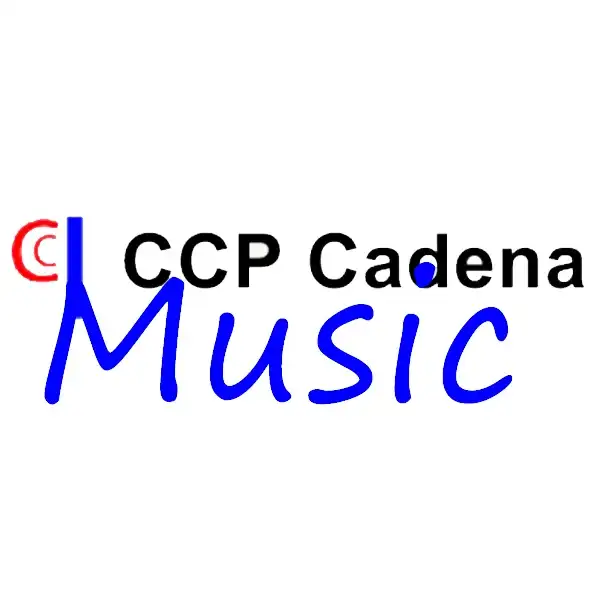 Logotipo oficial de la emisora CCP Cadena Music sobre fondo blanco, con las letras CCP Cadena en color negro y la palabra Music destacada en tipografía cursiva azul junto a un icono rojo.