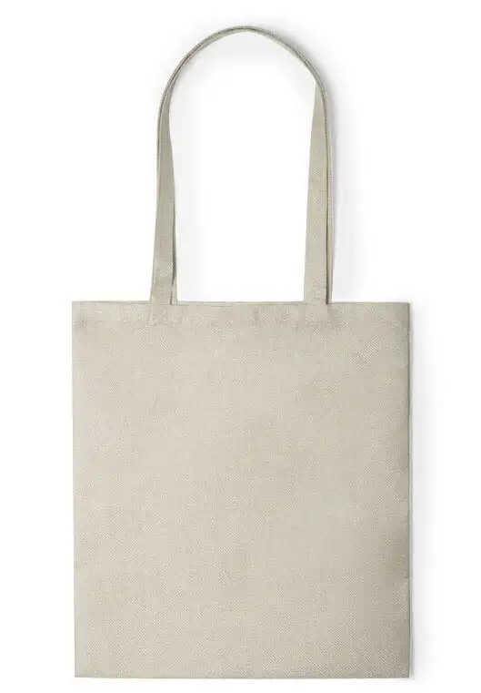 lantilla de catálogo sobre fondo blanco de una bolsa ecológica de tela de poliester lisa de color crudo. Variante base textil vacía de asas largas lista para personalizar e imprimir logos de eventos.
