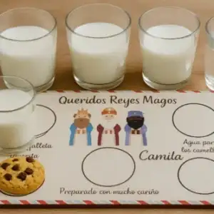 Bandeja rectangular de madera personalizada para la noche de Reyes Magos. El diseño incluye la ilustración de los tres Reyes Magos y el nombre Camila, con espacios reservados donde se muestran tres vasos de leche, una galleta y un vaso de agua para los camellos.