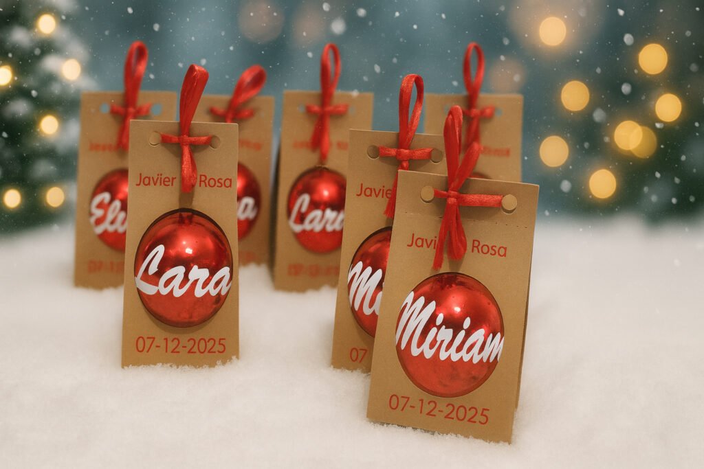 Bolas de Natal personalizadas com nome e data, apresentadas em caixa kraft com la&ccedil;o vermelho sobre neve
