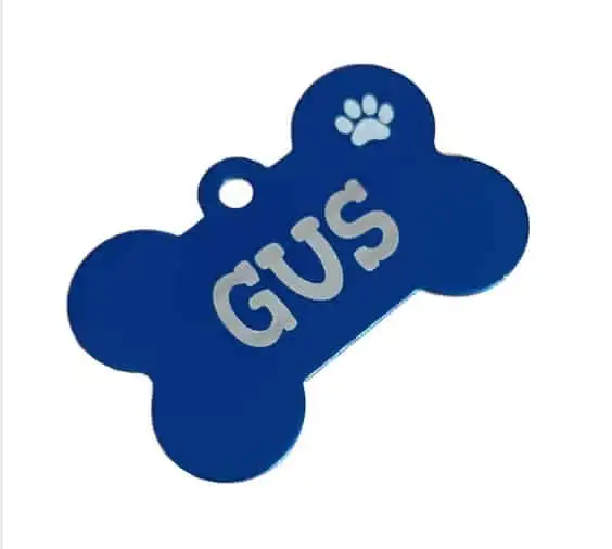 Fotografía de catálogo en perspectiva sobre fondo blanco de una placa azul oscuro para perro en forma de hueso. Se muestra el nombre Gus grabado con láser en letras blancas y el icono de una huella calada en la esquina superior.