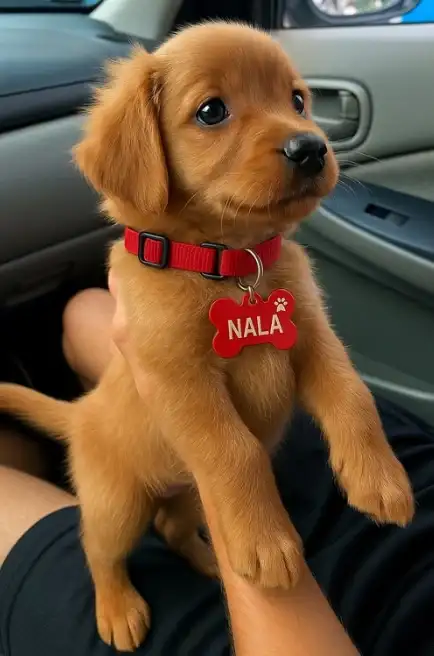 Cachorro canela apoyado en el asiento de un coche llevando un collar rojo con una chapa identificativa a juego grabada con el nombre Nala en letras blancas.
