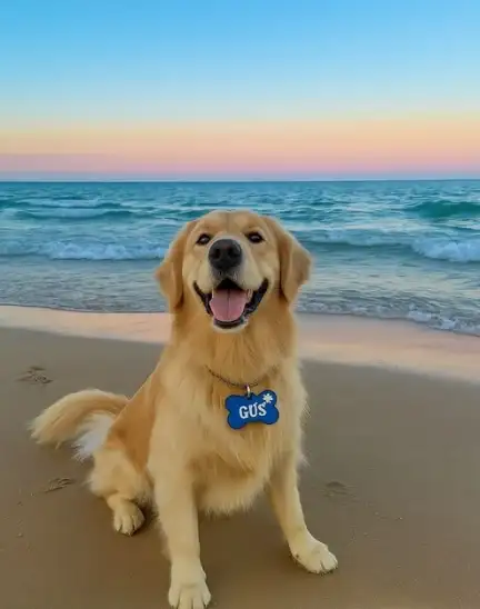 Un perro Golden Retriever adulto sentado en la arena de la playa sonríe de frente durante el atardecer. Lleva en su collar una chapa de identificación azul con forma de hueso grabada con el nombre Gus en letras blancas.