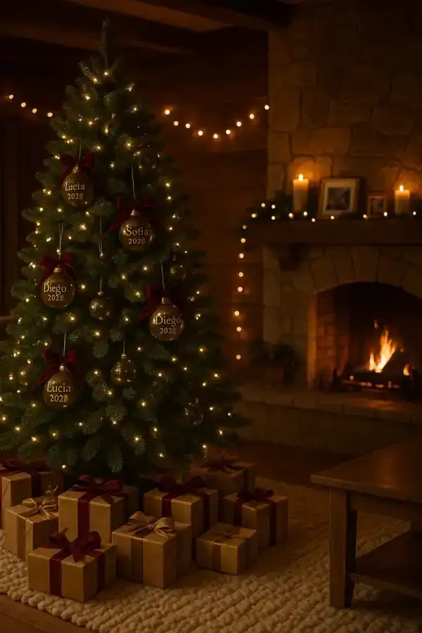 Acogedor salón rústico iluminado por el fuego de una chimenea de piedra. Destaca un gran árbol de Navidad decorado con luces cálidas, regalos en la base y bolas personalizadas exclusivas.