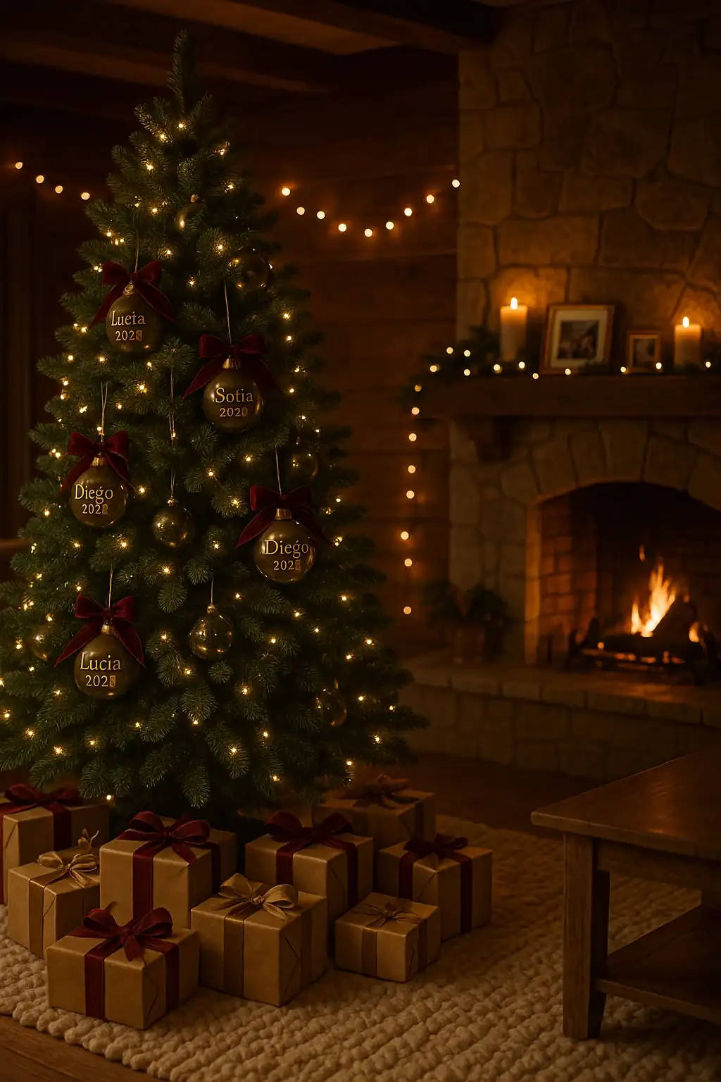 Acogedor salón rústico iluminado por el fuego de una chimenea de piedra. Destaca un gran árbol de Navidad decorado con luces cálidas, regalos en la base y bolas personalizadas exclusivas.