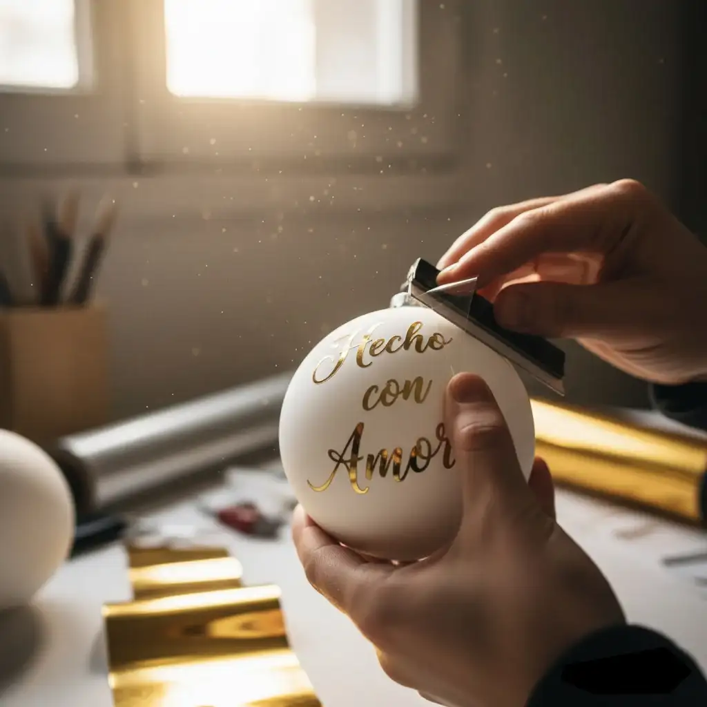 Primer plano de unas manos decorando una bola de Navidad blanca mate en un taller. Se está aplicando cuidadosamente un texto en vinilo dorado que dice "Hecho con Amor".