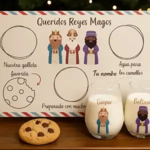Bodegón de producto de un set navideño infantil. Incluye una bandeja rectangular de madera grabada para los Reyes Magos y dos vasos de cristal personalizados con las ilustraciones de los Reyes Magos, colocados junto a una galleta con chispas de chocolate sobre fondo de luces cálidas.