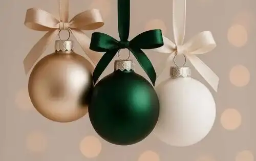 Fotografía horizontal de tres esferas de Navidad en acabado mate: una oro champán, otra verde botella oscuro en el centro y una blanca satinada. Cada una cuelga de una cinta con un lazo elegante, sobre un fondo desenfocado con luces cálidas.