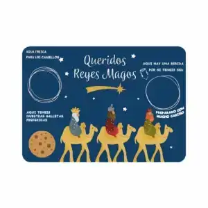 Bandeja infantil de plástico azul con dibujos de los Reyes Magos y espacios para dejarles leche, galletas y agua a los camellos.