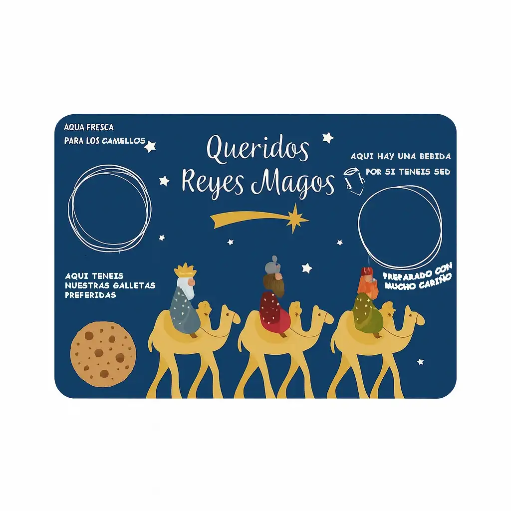 Bandeja infantil de plástico azul con dibujos de los Reyes Magos y espacios para dejarles leche, galletas y agua a los camellos.