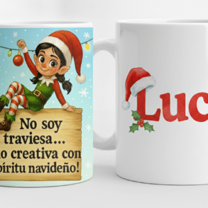 Taza navideña con elfa traviesa con nombre personalizado, lucia