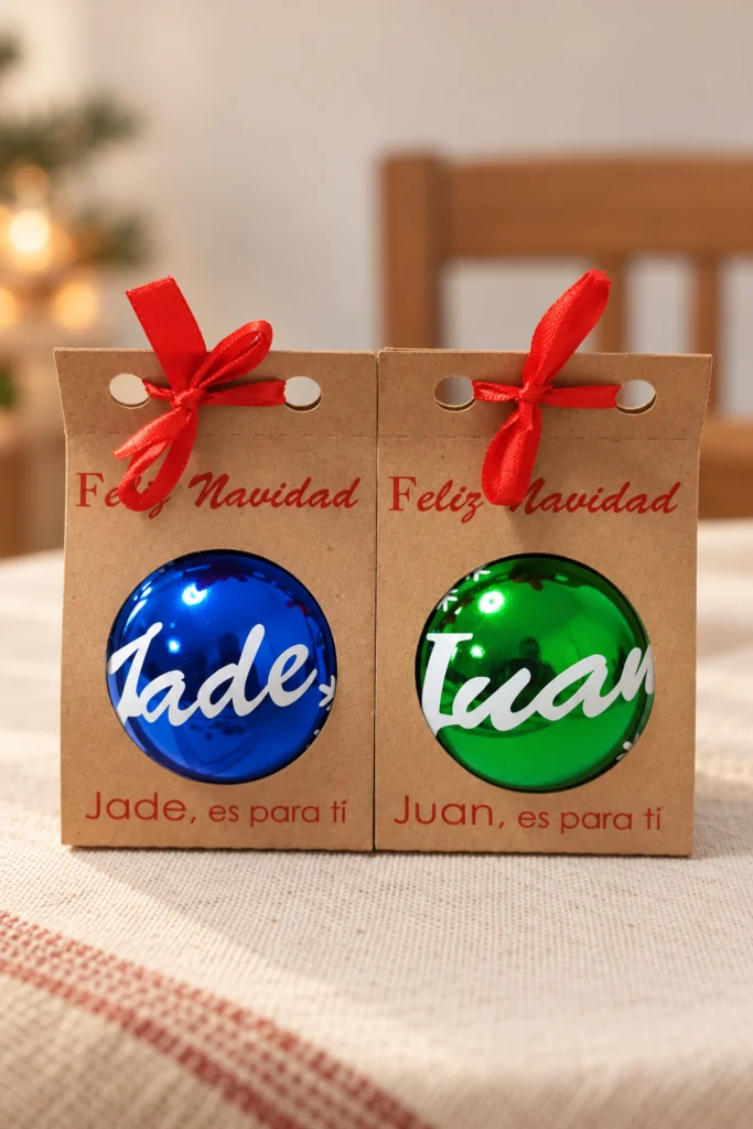 Bolas de Natal personalizadas com nomes em v&aacute;rias cores e caixa kraft - Lause Arte